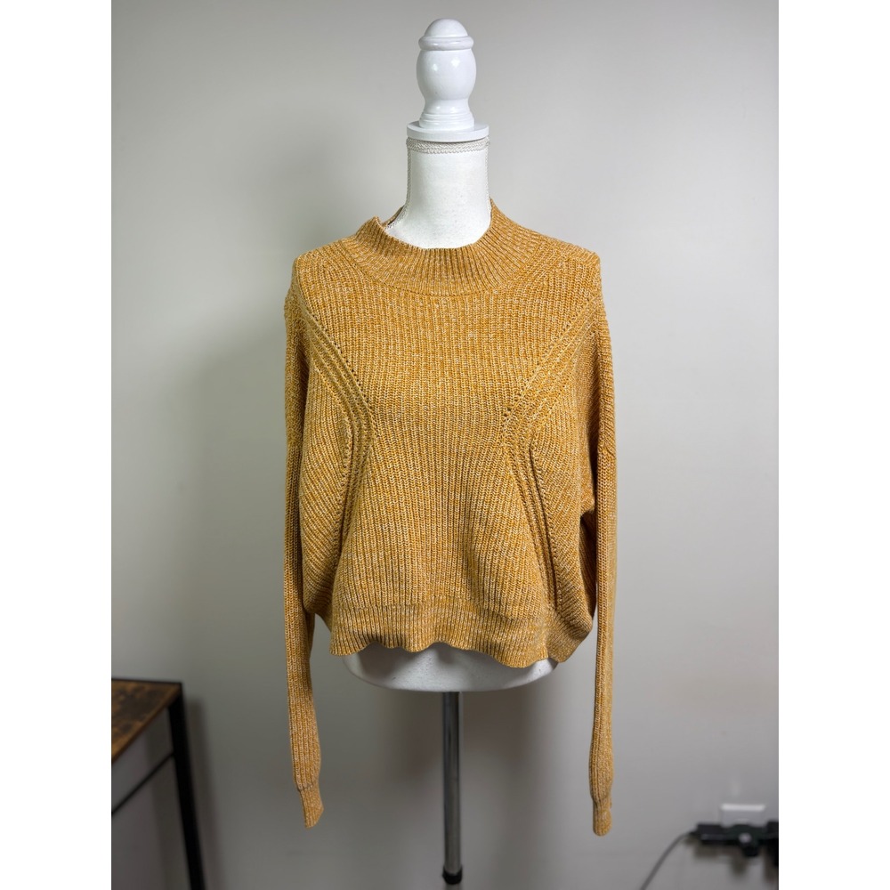 Kendall & Kylie Womens Mustard Yellow Cotton Mock Neck Cropped Ribbed Sweater M